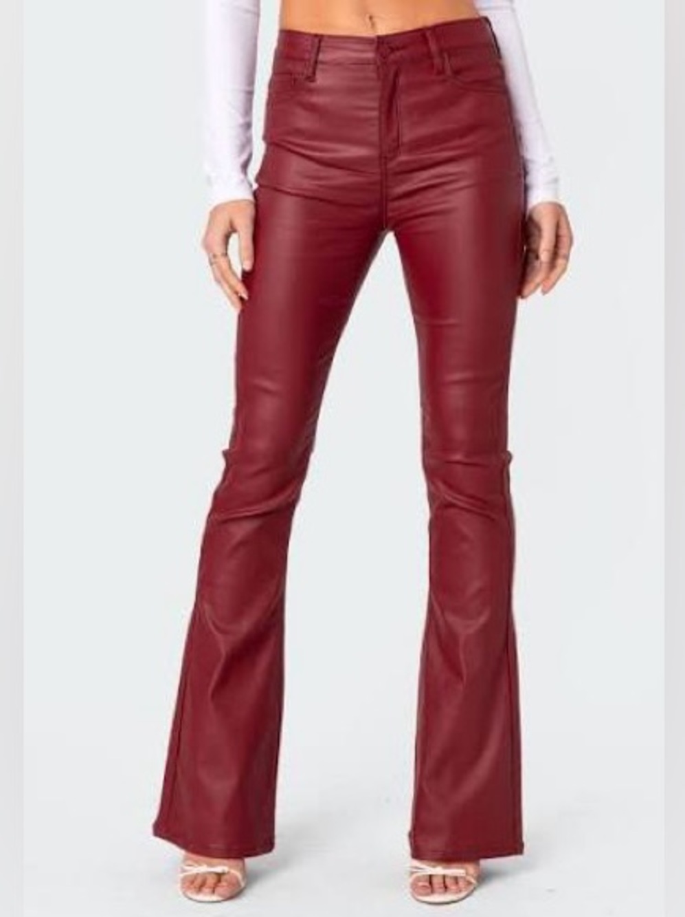 Edikted High-Rise Faux Leather Flare Pants in Burgundy
